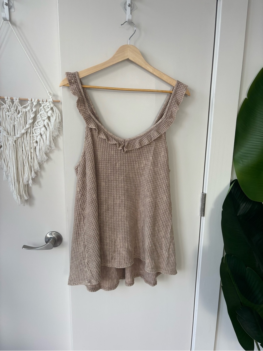Altar'd State Taupe Waffle-Knit Ruffle Tank